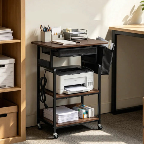 Slick Rolling Three Tier Coffee Station Cart With Built In Power Panel And Roomy Storage Shelf For Mastering Your Daily Grind And Charging Tech Without Hassle, featuring printer and supplies.