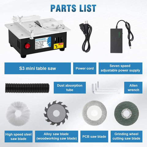 Parts list for Handy Mini Table Saw S3 Portable Precision Craft Table Saw With 0 To 0.59 Inch Adjustable Cut Depth Seven Speed Power Supply