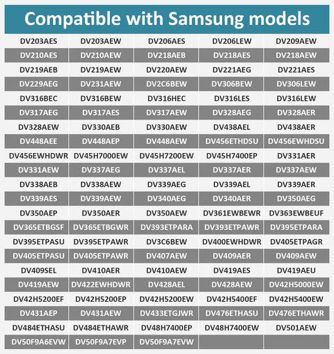 Chart showing Samsung dryer models compatible with Dryer Heating Element Replacement DC47 00019A For 240V 5300W.