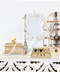 Multi Grid Watch Organizer Tray With Linen Padded Sections Perfect Jewelry Display Stand For Rings And Bracelets on a vanity.