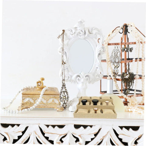 Multi Grid Watch Organizer Tray With Linen Padded Sections Perfect Jewelry Display Stand For Rings And Bracelets on a vanity.