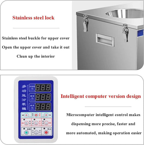 Dead On Accuracy Automatic Powder And Granule Filling Machine With Microcomputer Controlled Weighing From One Gram To Five Hundred Grams, featuring stainless steel lock and control panel.
