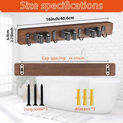Dimensions of Rustic Wood Wall Mount Broom Mop Holder Organizer with 3 Racks and 4 Hooks and installation accessories
