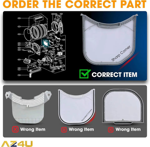Dryer Lint Filter Screen Replacement For LG And Kenmore Dryers Fits DLG Series Models Easy Install Durable Aftermarket Part To Improve Airflow And Drying Efficiency shown with correct and incorrect options.