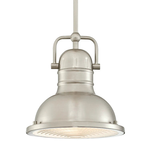 Boswell One Light LED Indoor Mini Pendant in Brushed Nickel with Frosted Prismatic Acrylic Shade, modern industrial ceiling light