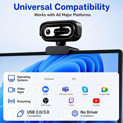 Legit Crisp 1080P Webcam For Pc And Laptops With Dual Noise Cancelling Mic shown mounted on a monitor for online use.
