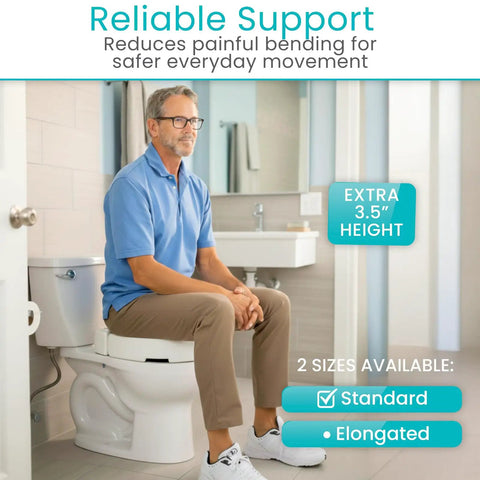 Man sitting on Raised Toilet Seat Riser 3.5 Inch Height For Standard Round Toilets Easy Install Elevated Toilet Seat Extension