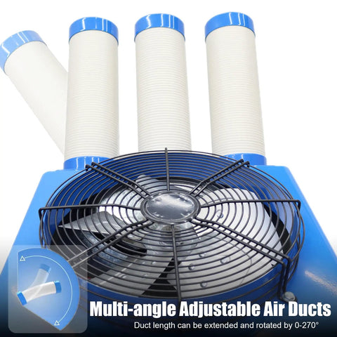 Heavy Duty Industrial Portable Spot Cooler Kickin Cold Turbo Double Fan Air Conditioner with adjustable multi-angle air ducts.