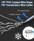 Diagram showing 1/8 inch PVC coated wire rope, construction details, and measurement for Heavy Duty Pro Grade DIY Friendly Wire Rope Kit.