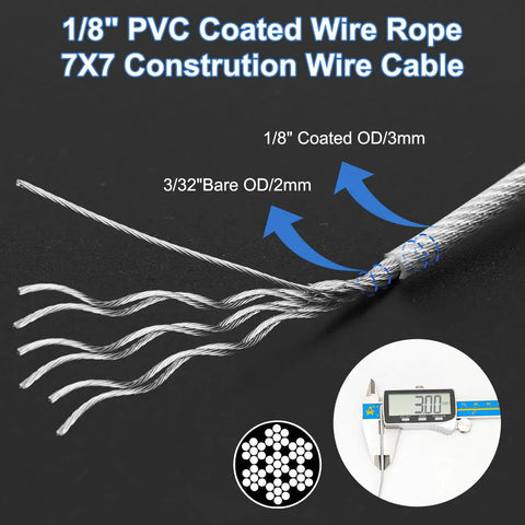 Diagram showing 1/8 inch PVC coated wire rope, construction details, and measurement for Heavy Duty Pro Grade DIY Friendly Wire Rope Kit.