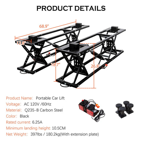 Heavy Duty Portable Car Hoist With Rock Solid Mechanical Locks, 7000 Lbs Quick Raise Jack Stand dimensions shown in black carbon steel.
