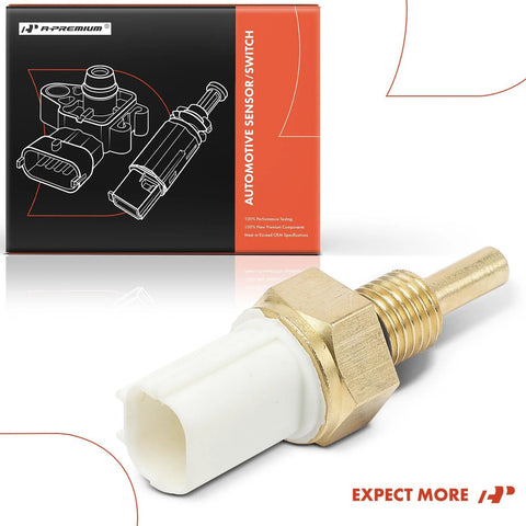 A-Premium left engine coolant temperature sensor with brass threaded body and white connector; box visible.