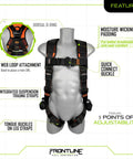 Lite Vest Style Harness with Aluminum Hardware and Suspension Trauma Straps, Size Small, displayed on mannequin with labels