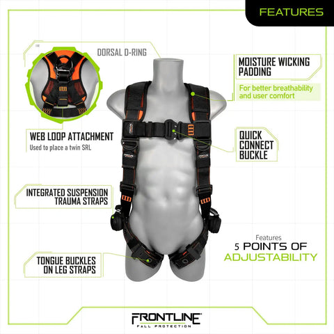 Lite Vest Style Harness with Aluminum Hardware and Suspension Trauma Straps, Size Small, displayed on mannequin with labels