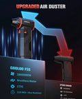 F5S 180000 RPM Cordless Air Duster with Brushless Motor displayed next to a comparison of another brand's air duster.