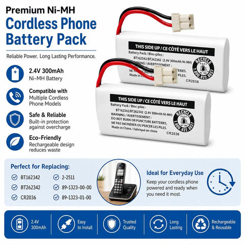 Dead Simple Swap Two Pack 2.4 Volt 300Mah NiMh Rechargeable Batteries For Vtech Cordless Phones with safety features.