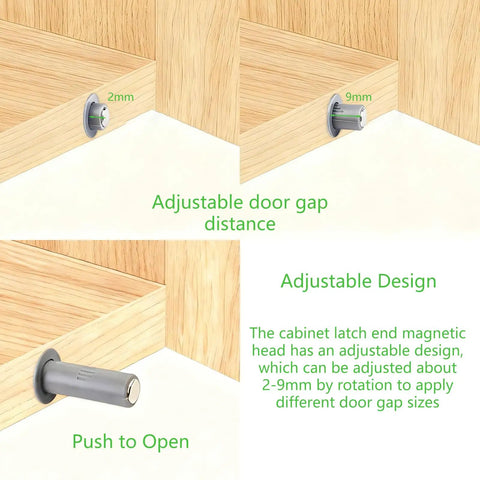 Adjustable installation of 10 Pack Magnetic Push Latches For Cabinet Doors And Drawers Featuring Quiet Soft Close Action In Matte Gray Tone.