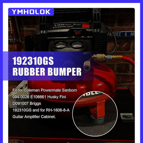 Close-up of a red air compressor featuring 192310GS rubber bumpers with 4 Pcs Rubber Feet Foot Mounts For Anti Vibration Pads Ideal For Air Compressors Generators And Pressure Washers Compatible With Briggs And Stratton 192310GS Coleman Powermate Sanborn 0940026 E106661 And More