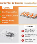 Universal TV Mount Hardware Screw Kit With M4 M5 M6 M8 Bolts Washers And Spacers For Flat Displays Up To Eighty Inches organized kit in clear box.
