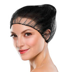 Disposable No Fuss Hair Nets For Food Service Black Nylon 28 Inch Pack Of 100 With Elastic Band Fit in use on woman's head