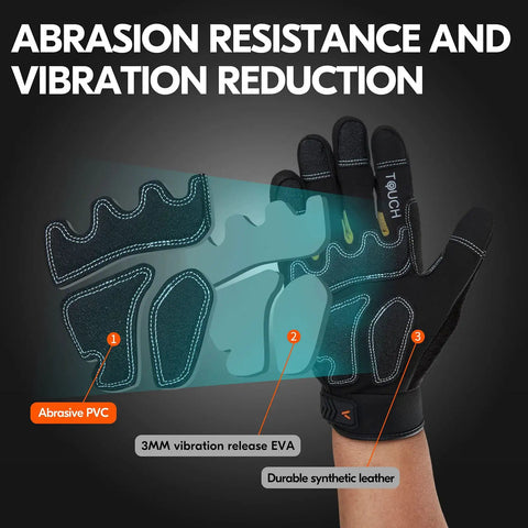 Heavy Duty Synthetic Leather Work Gloves With Impact Protection And Vibration Reduction Rigger Style For Construction DIY And Motorcycling Grip For Days Touchscreen Compatible Size Large Black, showing abrasion resistance features.