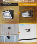 Upgrade 120W Outdoor LED Wall Pack Light with Dusk to Dawn Sensor installed on building exterior showing size comparison and mounting