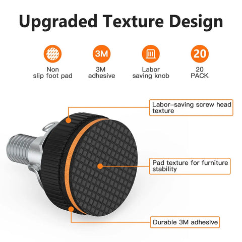 20 Set Built Tough Furniture Levelers With Floor Protectors showing screw thread and textured rubber pad detail