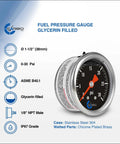 Carbo fuel pressure gauge, 1-1/2 in stainless steel case, glycerin filled, 0–30 psi, back mount 1/8 in NPT, black dial