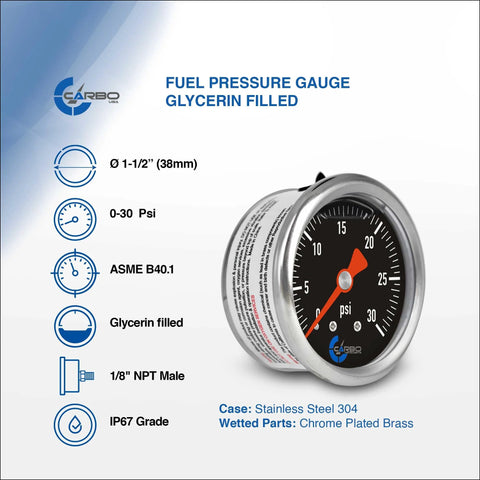 Carbo fuel pressure gauge, 1-1/2 in stainless steel case, glycerin filled, 0–30 psi, back mount 1/8 in NPT, black dial