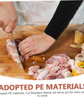 Heavy Duty Kickass Cut Resistant Arm Sleeves Lightweight Protective Gear, black PE fabric, worn while cutting meat.