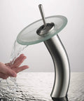 Tall Waterfall Vessel Sink Faucet With Frosted Glass Disk And Satin Nickel Finish KGW 1700 SN FR, water flowing over hand