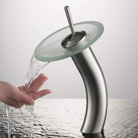 Tall Waterfall Vessel Sink Faucet With Frosted Glass Disk And Satin Nickel Finish KGW 1700 SN FR, water flowing over hand