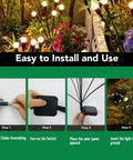 Installation guide for Solar Firefly 4 Pack Lights With 10 LEDs Each, showing ground stake assembly and solar panel placement.