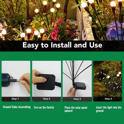 Installation guide for Solar Firefly 4 Pack Lights With 10 LEDs Each, showing ground stake assembly and solar panel placement.