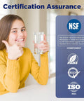 Girl holding glass of water with NSF certification badge for 75 GPD Reverse Osmosis Membrane For Undersink Water Filtration System