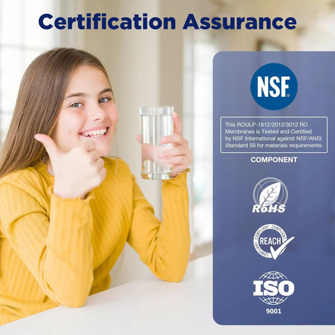 Girl holding glass of water with NSF certification badge for 75 GPD Reverse Osmosis Membrane For Undersink Water Filtration System