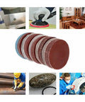 Top Tier 50 Piece 6 Inch Hook And Loop Sanding Discs With Dust Vent Holes For Smooth Wood Metal Carving And Finishing Projects Using Aluminum Oxide Abrasive Grit Range From 80 To 3000 For Pro Grade Results stacked on display with various applications.