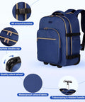 DEVPNR women's rolling backpack, navy blue, 17-inch laptop travel backpack with wheels, waterproof Oxford fabric