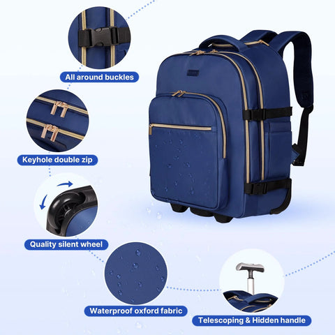 On The Go Rolling Backpack For Women With 17 Inch Laptop Compartment And Smooth Wheels Perfect Carry On Luggage For Air Travel And Overnight Business 