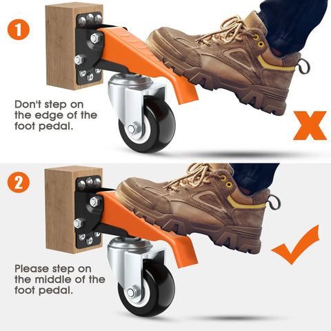Instructional image showing how to step on Retractable Caster Wheels Kit for Workbench 660 Lbs Capacity Set Of 4 Heavy Duty Side Mount