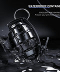 Waterproof Pill Case And Cash Stash Keychain Organizer with ring floating in water, rugged aluminum body, outdoor gear
