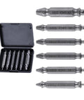 Get The Ultimate Titanium Screw Extractor Kit With Six Pieces For Easy Removal Of Stripped Rusty Bolts And Damaged Screws Made From HSS 4341 Steel For Heavy Duty Home Repairs That Just Work Like Magic On All Your Broken Hardware Projects. six-piece HSS 4341 steel screw extractor kit in case
