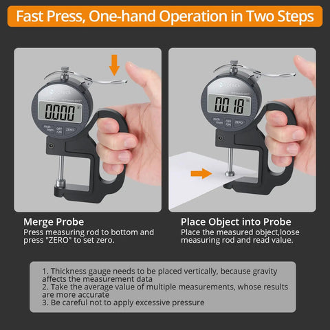 Digital Thickness Gauge With 1 Inch Range, 0.0005 Inch Resolution, 0.01 mm Accuracy, Ultra Fast Response For Wood Metal Plastic, Bang-On Readings For Pros And DIY Makers, No Guesswork. One-hand zeroing and measuring on sheet material.