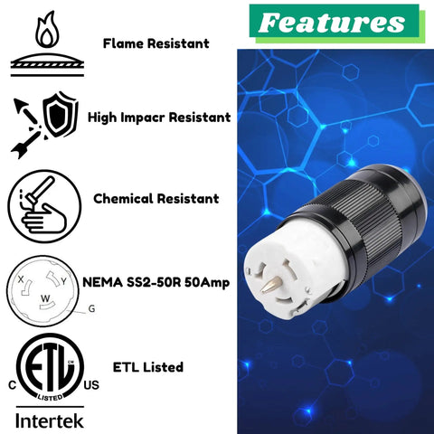 Top Shelf 50 Amp Generator Connector NEMA SS2-50R RV Shore Power Inlet Plug features flame, impact, and chemical resistance.