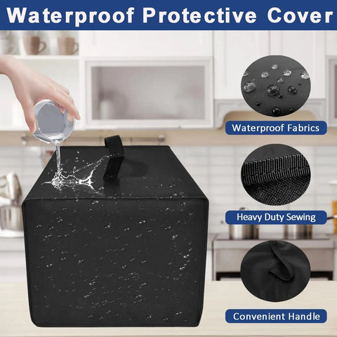 Black Single Serve Coffee Maker Cover For K-Supreme And K-Compact Pods shown with water-resistant fabric in kitchen.
