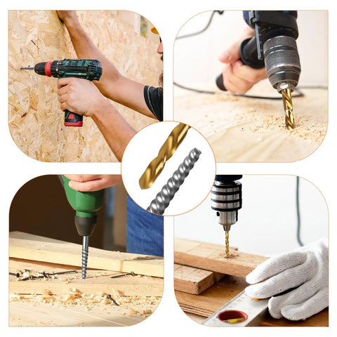 Four images showing usage of Left Hand Screw Extractor Set For Stripped Screws And Broken Bolts, 10 Piece Cobalt HSS Drill Bit Kit with drills
