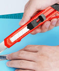 30 Pack Retractable Box Cutter Utility Knife With 18mm Snap Off Blades Economical Disposable Blades Comfortable Grip Ready To Cut In Home Office Garage Perfect For Cardboard Packing DIY Projects, red knife in hand