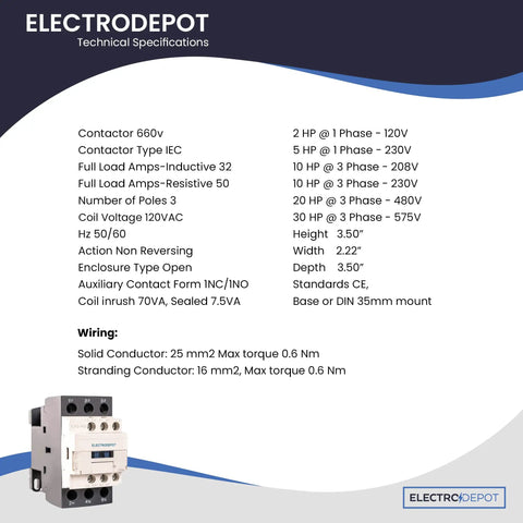 Technical specifications for Heavy Duty Three Pole 30A Contactor With 110 To 120V Coil For Motors And Lighting, includes wiring details.