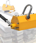 Industrial Grade Permanent Lifting Magnet With Easy Release Lever, showcasing heavy-duty yellow magnet for lifting steel plates.