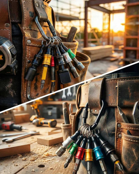 Six Piece One Quarter Inch Hex Shank Drill Bit Holder Keychain with Push to Unlock Aluminum Alloy Body clipped to tool belt.
